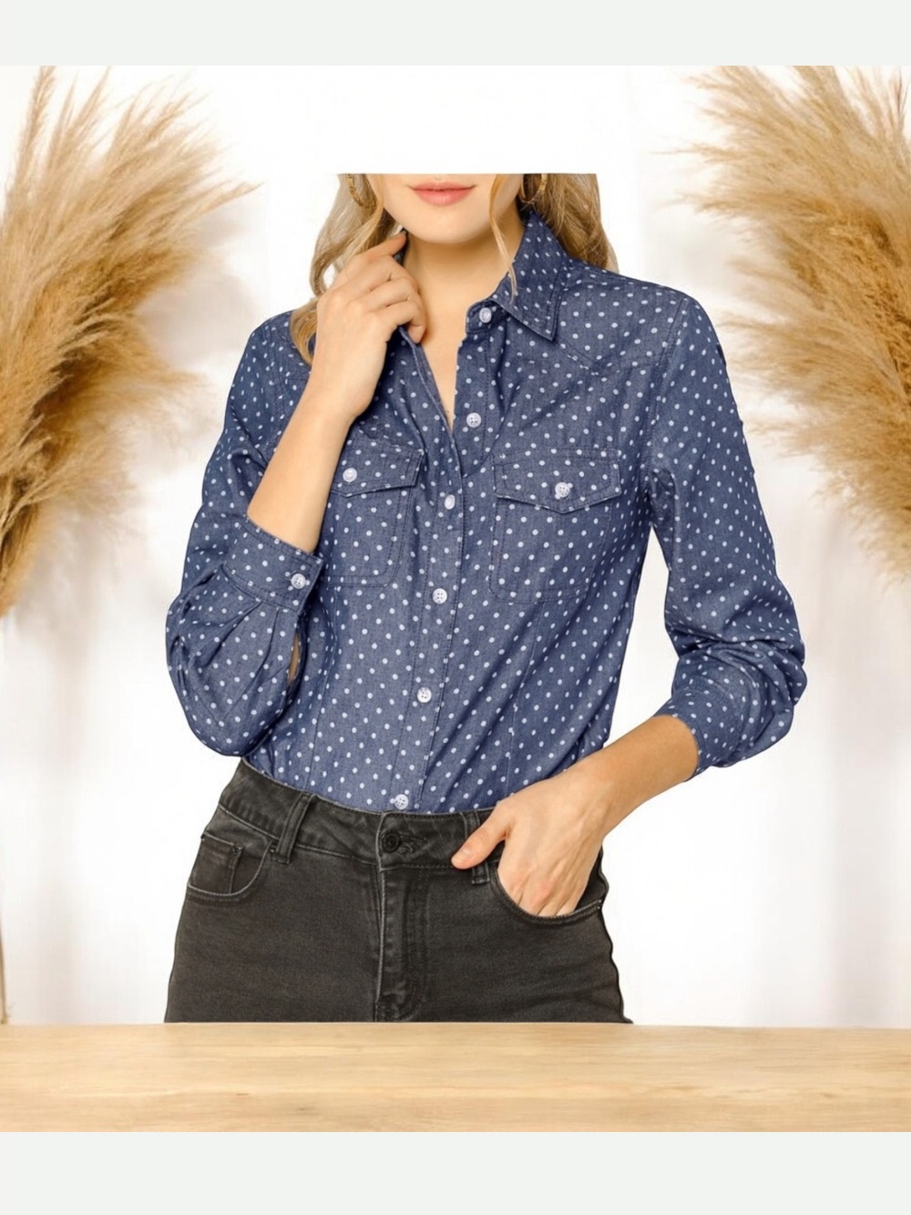 LRL VTG Chambray Polka Dot Button down Shirt -EUC Sz L western preppy old money
